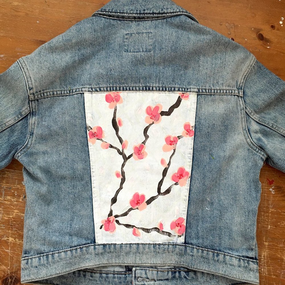 Hand Painted Jean Jacket, Old Navy Denim Jacket, Cherry Blossom Painting XS NWOT